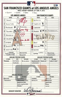 Mike Trout Signed Los Angeles Angels Vs San Francisco Game Used Lineup Card (Inscribed "Career High 4/4/4, 2012 AL ROY") (Angels LOA)
